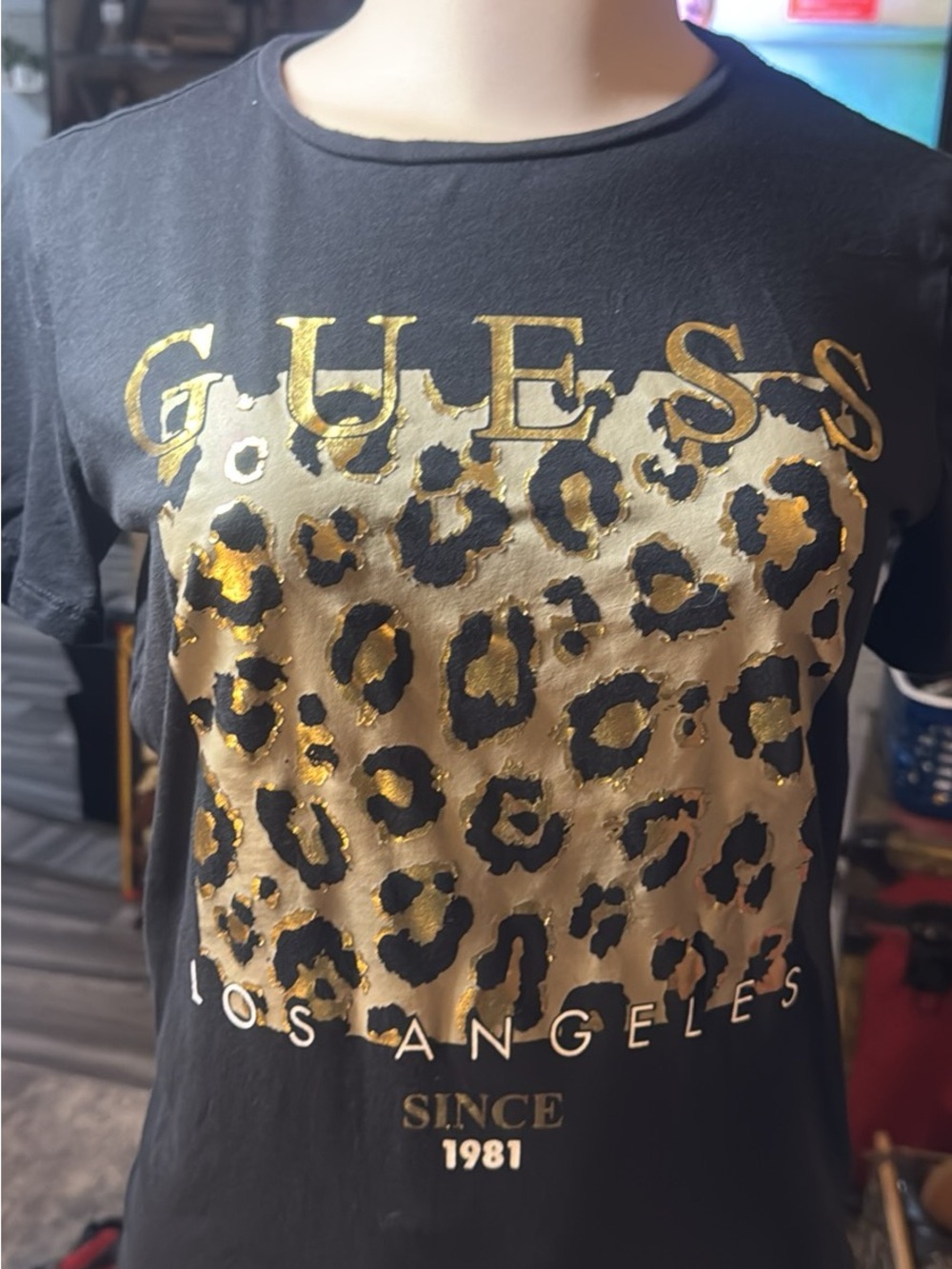 GUESS Black Tee with Metallic Gold Leopard Graphic#240